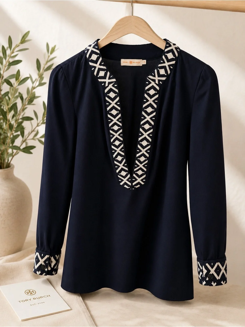 Tory Burch Navy Embroidered V-Neck Blouse